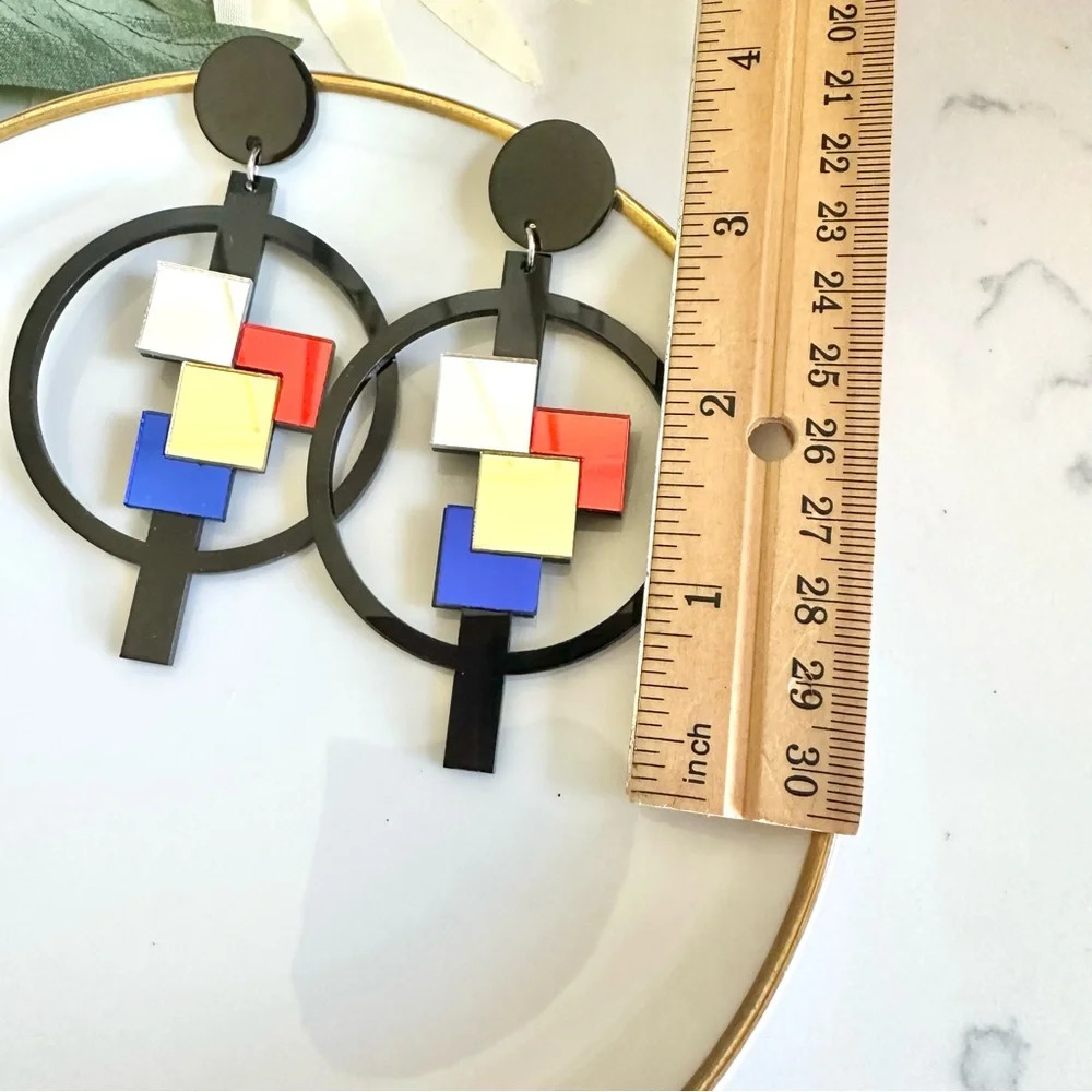 2/$30šµ Mirrored Acrylic Pop Art Earrings Geo Square Circle Color Block Mosaic - Picture 8 of 10